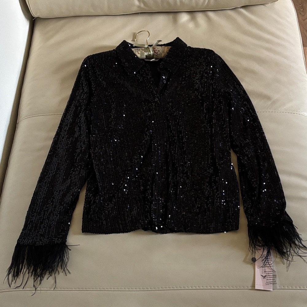 NWT Black Sequin & Feather Trim Top